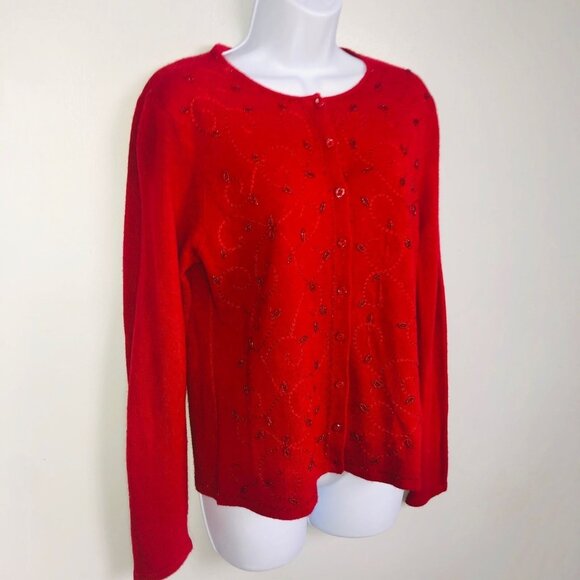 Womens Cardigan Sweater Size M Red Floral Embroidered Soft - Picture 4 of 7